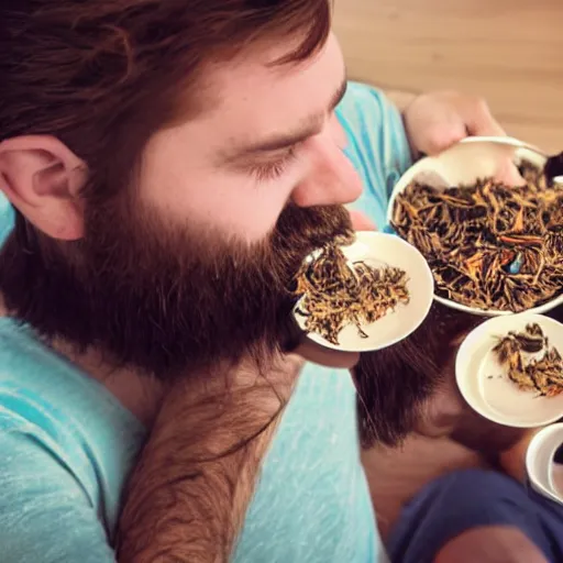 Image similar to small creatures having tea party in a humans beard.