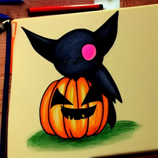 Image similar to drawing of a cute kawaii bat carrying a pumpkin marker on whiteboard