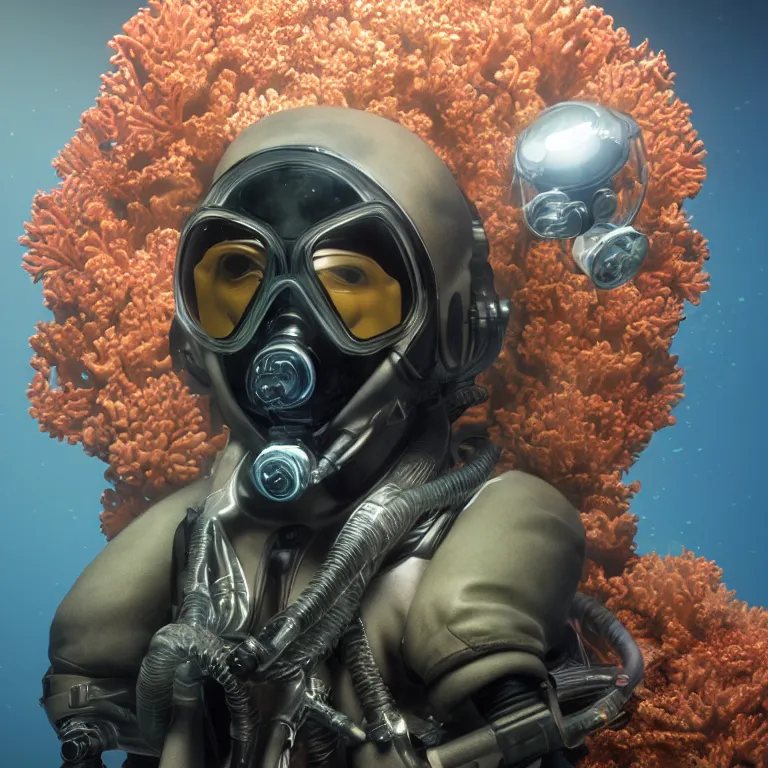 Image similar to octane render portrait by wayne barlow and carlo crivelli and glenn fabry, subject is a shiny reflective tactical black ops futuristic scuba diver with small lights inside helmet, surrounded by bubbles inside an exotic alien coral reef aquarium full of exotic fish, cinema 4 d, ray traced lighting, very short depth of field, bokeh