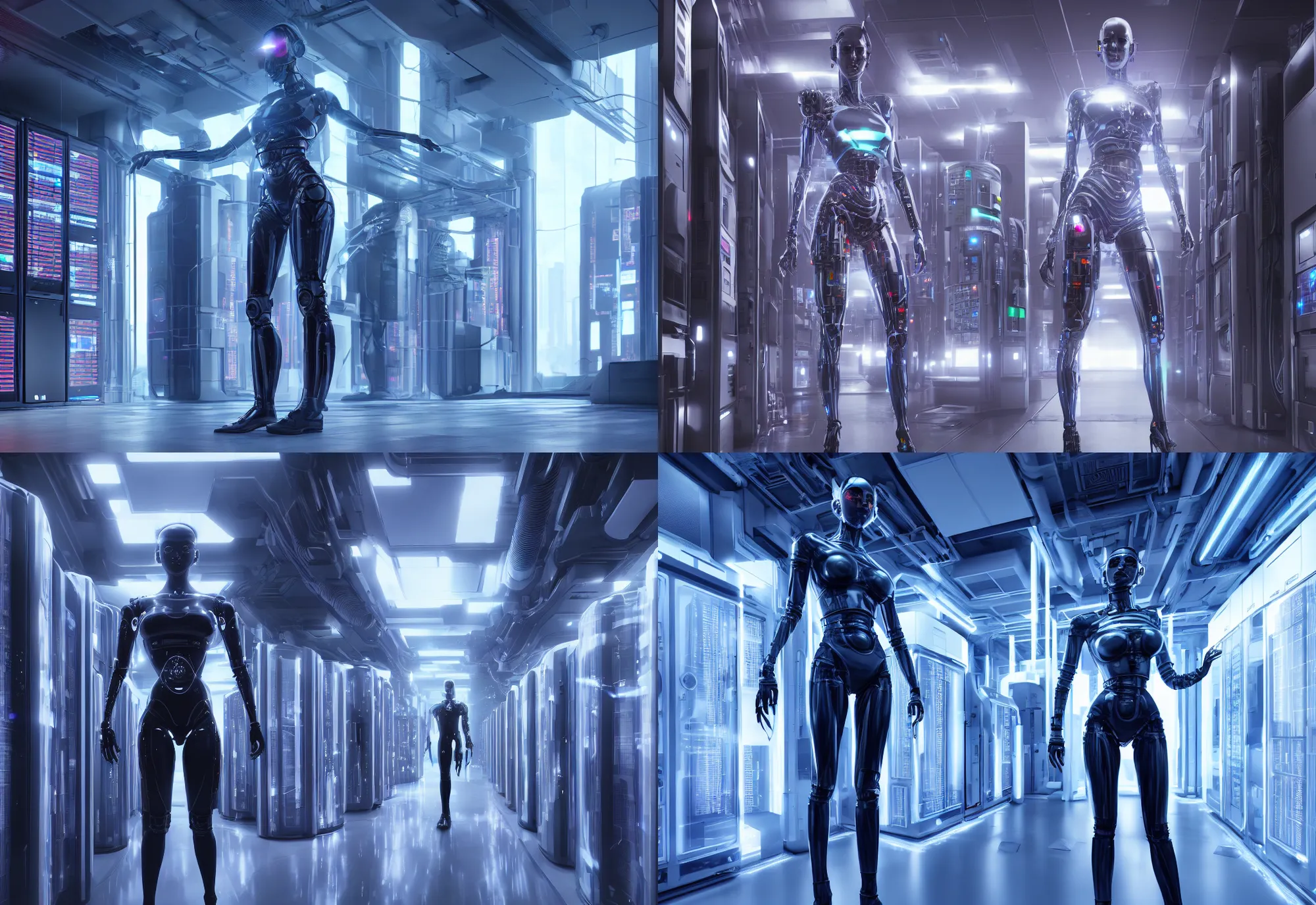 Prompt: hyper realistic sci - fi android, beautiful, symmetric human cyborg body, in standing realistic detailed data center, by masamune shirow, cyberpunk colors, syntwave octane render 8 k