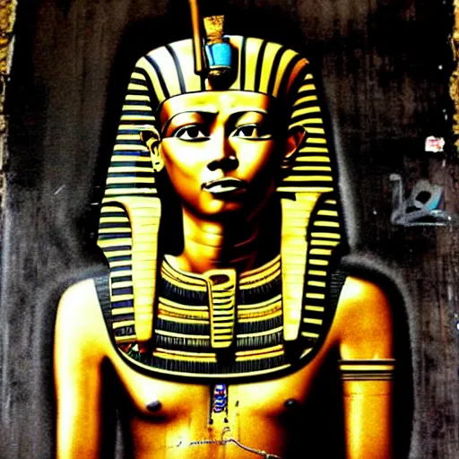 Image similar to a graffiti portrait of king tutankhamen, street art, highly detailed by banksy