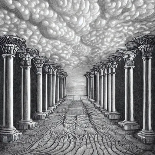 Image similar to childrens fantasy book illustration of a giant hallway and columns which turn into nature and the clouds and sky. highly detailed drawing. surrealism