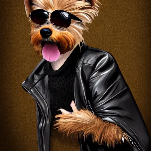 Image similar to an anthropomorphic yorkie dog wearing a black leather punk jacket smoking a cigarette in a hotel lobby, digital art