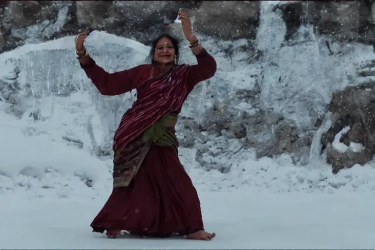 Image similar to VFX movie of a Indian woman dancing with magic flowing antigravity water in an Eskimo village by Emmanuel Lubezki