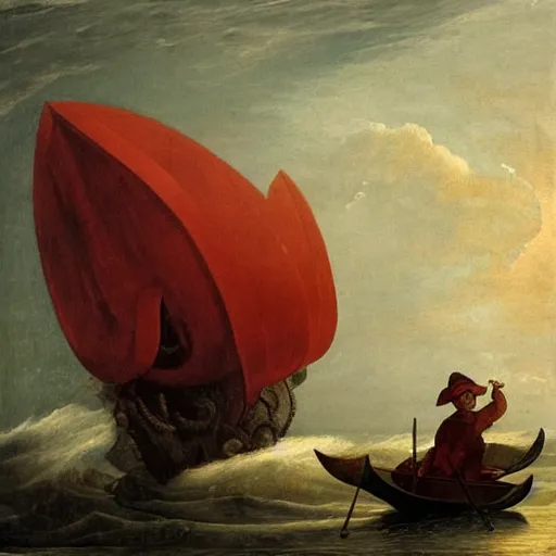 Image similar to the age of discovery, red moon over stormy ocean, huge clouds in the form of a gigantic octopus, the greatest adventurer standing on a 1 5 th century sampan boat holding a