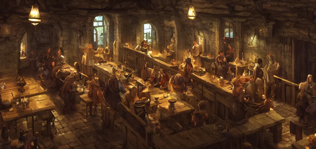 Prompt: medieval tavern, isometric view, game art, game dev, concept, extremely high detail, photo realistic, cinematic lighting, post processed, concept art, artstation, matte painting, style by eddie mendoza, raphael lacoste, alex ross