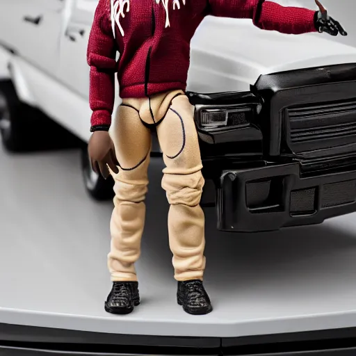 Image similar to black man action figure with dreads standing on top of a black rc pickup truck, close up photograph, white background