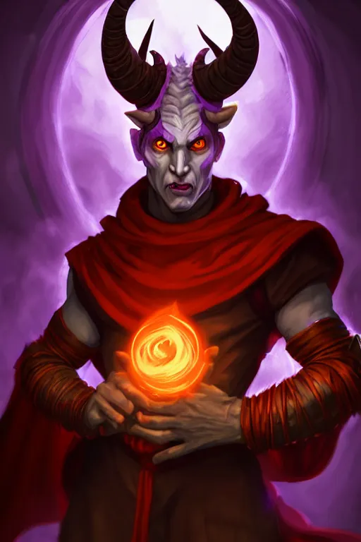 Image similar to tiefling warlock with white horns on his head, purple skin, red glowing eyes, he is casting a destruction spell, a very little devil sits on his right shoulder, the background is a friendly tavern. dungeons and dragons, highly detailed, digital painting, artstation, concept art, sharp focus, illustration, art by Leonardo da Vinci and Michelangelo and Botticelli