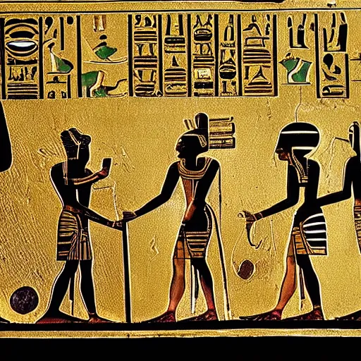 Prompt: ancient egyptian hieroglyphics with depiction of humans worshipping cats. high definition, gold plated, high contrast.