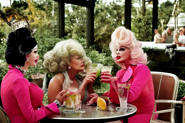 Image similar to Angelyne and martina bigg share drinks on the veranda, photographed by annie liebovitz