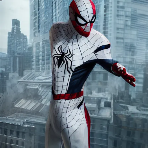 Image similar to white spider - man suit with black web lining, cinematic, volumetric lighting, realistic, hyperdetailed, photorealistic, photograph