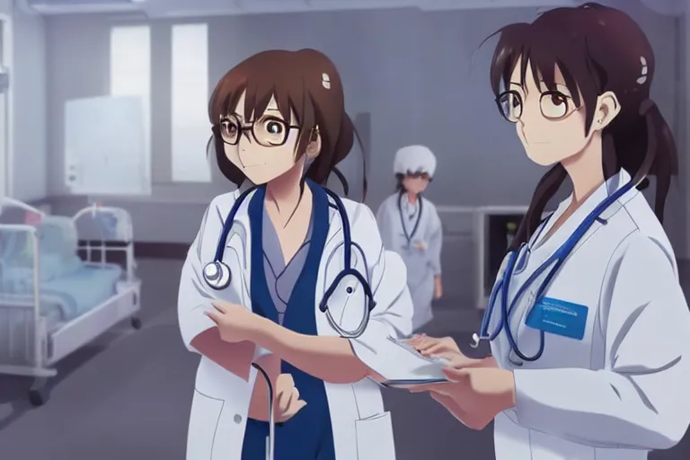 Prompt: a cute young female doctor wearing white coat are doing an operation in a hospital, slice of life anime, cinematic, lighting, anime scenery by Makoto shinkai