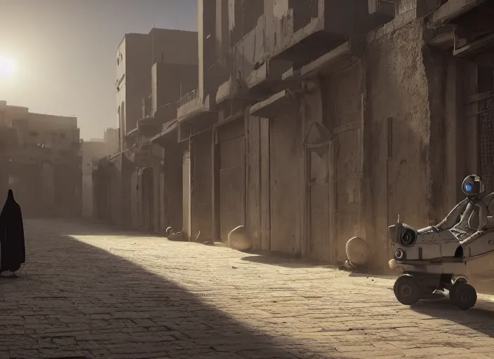 Prompt: old jeddah city alley, roshan, old shops, horse, magical glowing sand gateway to another dimension, several robots and a man wearing a white robe standing watching over, dramatic lighting, dawn, by caspar david friedrich, unreal engine 5