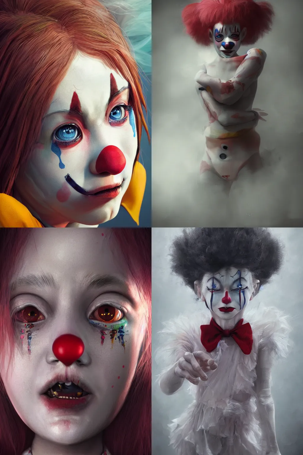 Prompt: breathtaking detailed painting of clown girl ,piercing eyes, by Hayao Miyazaki, extremely moody lighting, hyperrealistic, octane render, ambient light, dynamic lighting