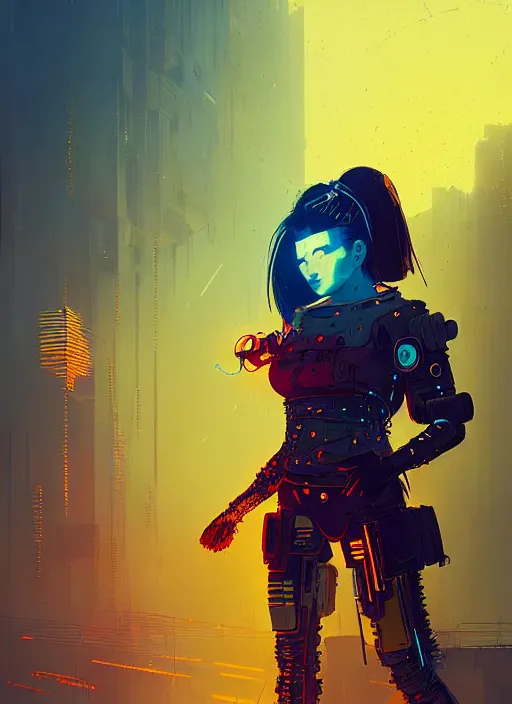 Image similar to tia carrera as cyberpunk samurai, golden and blue hour, by ismail inceoglu