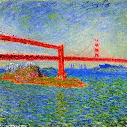 Prompt: Golden Gate Bridge, San Francisco, illustrated by Claude Monet, very detailed