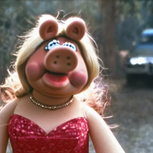 Prompt: Miss Piggy in Wild at Heart, movie stills photography,