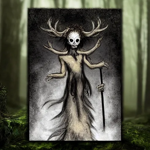 Prompt: ancient fae covered in black tendrilled fur, wearing ram skull, forest, heavy fog, fantasy, ultra realistic