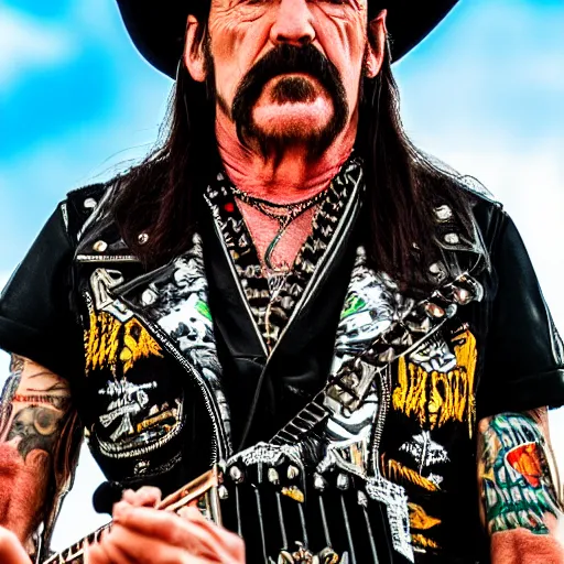 Image similar to lemmy kilmister in heaven, realistic, 8k resolution, hyperdetailed, highly detailed, real life, sky lighting, high quality, clouds,