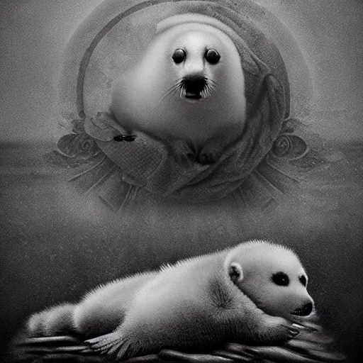 Image similar to a baby harp seal lying on a throne of skulls, dark and ominous, backlight, 4k