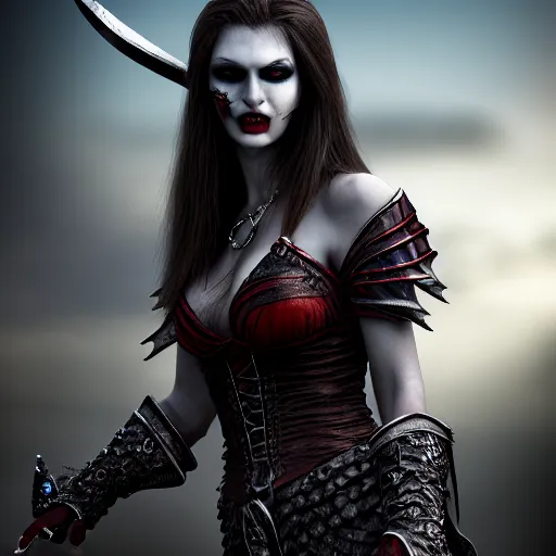 Image similar to beautiful vampire warrior, highly detailed, 4k, HDR, smooth, sharp focus, hyper realistic, high resolution