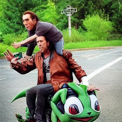 Image similar to Nicholas Cage riding a bulbasaur into battle, photograph