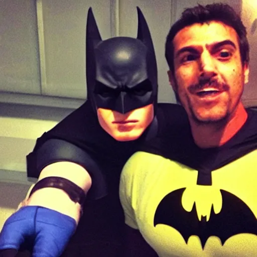 Prompt: batman happy to take a selfie with mario