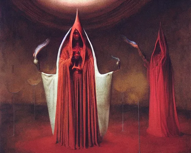 Image similar to devotion to the scarlet woman, priestess in a conical hat, coronation, ritual, sacrament, by francis bacon, beksinski, bosch, mystical redscale photography, opulence, luxury, maximalism.