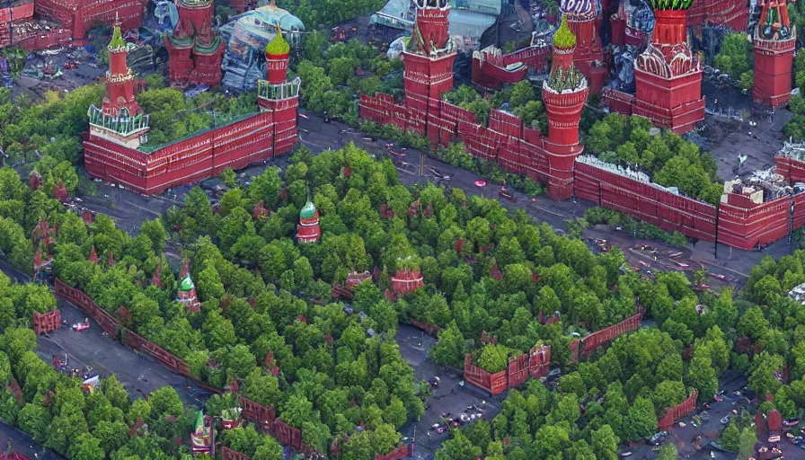 Image similar to Moscow's Red Square destroyed, abandoned and overgrown with plants, filled with mutant monsters, low angle view, hyperdetailed, artstation, 8k