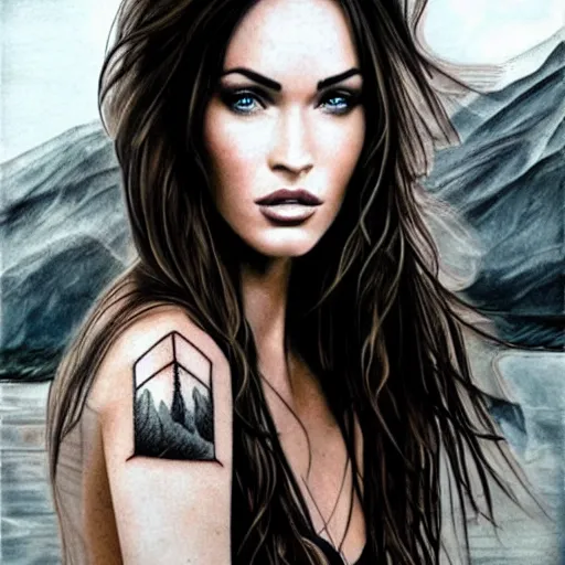 Image similar to realism tattoo sketch of double exposure megan fox with beautiful mountain scenery, in the style of andrey lukovnikov