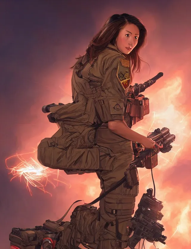 Image similar to a brown - haired woman in a military uniform hovering in the air glowing with red light and crackling energy, by tian zi and artgerm and xiaoguang sun and moebius, trending on artstation, digital art, 4 k resolution, detailed, high quality, sharp focus, hq artwork, coherent, insane detail, concept art, character concept, character full body portrait