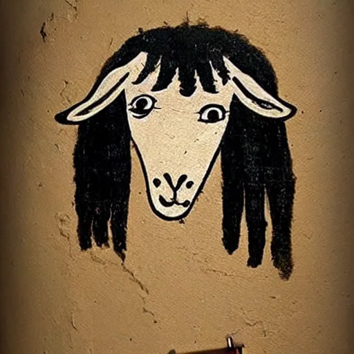 Prompt: a funny medieval wall painting of an emo sheep with a bang hairstyle, highly detailed, trending on artstation