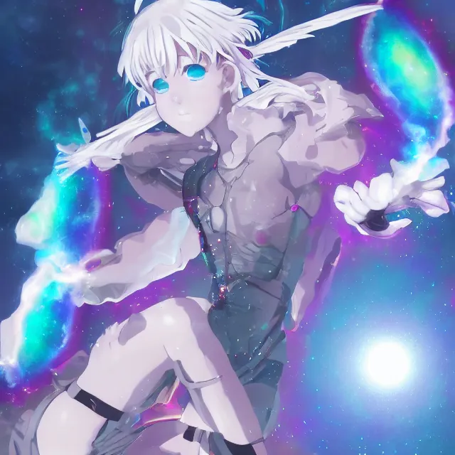 Image similar to rei ayanami, deep space, seascape, grimes, silver hair, shikinami asuka langley, card captor sakura, bunny ears, cosmos, psychedelic flowers, black opal, rainbow aura quartz, organic, oni compound artwork, of character, render, artstation, portrait, wizard, beeple, art, fantasy, epcot, psychedelic glitchcore