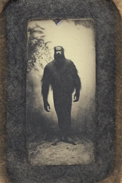 Prompt: a tintype photograph of a Sasquatch