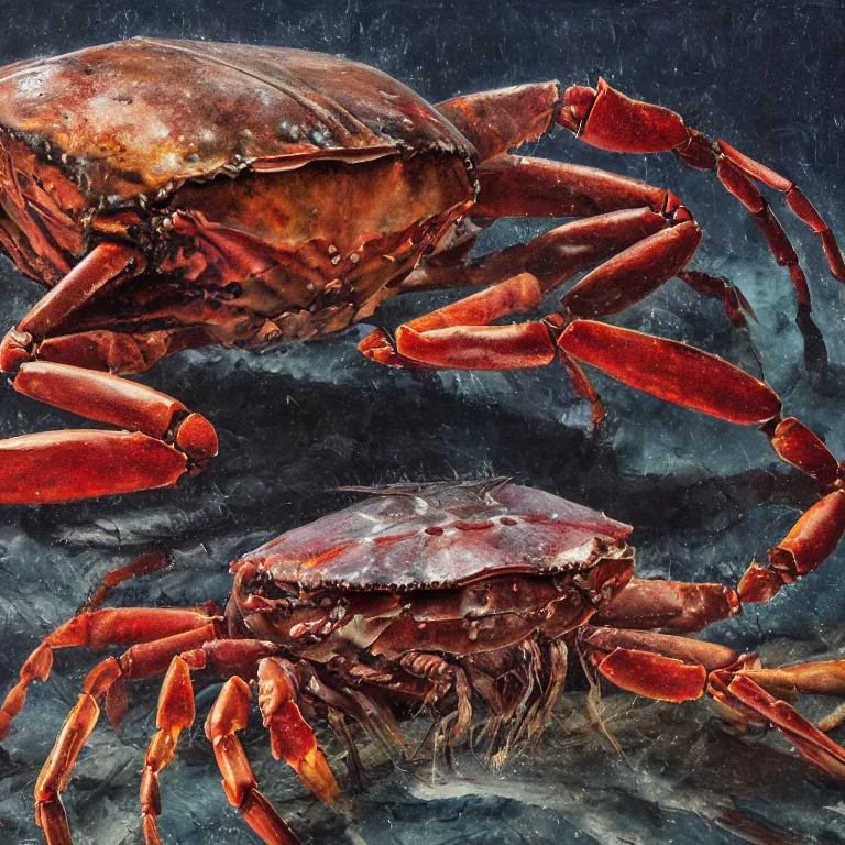 Image similar to Hyperrealistic intensely colored Studio wet collodion Photograph portrait of a deep sea Giant Armored Crab with 10 long spindly legs deep underwater in darkness long exposure, award-winning nature deep sea expressionistic impasto heavy brushstrokes oil painting by Jenny Saville and Norman Rockwell and Audubon vivid colors hyperrealism 8k