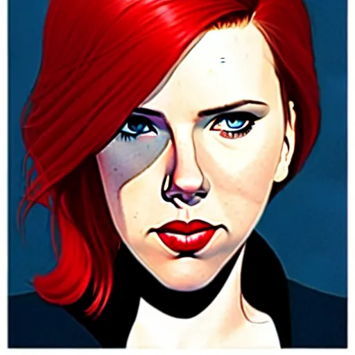 Image similar to phil noto, pretty scarlett johansson black widow, symmetrical eyes, long red hair, full body, city rooftop