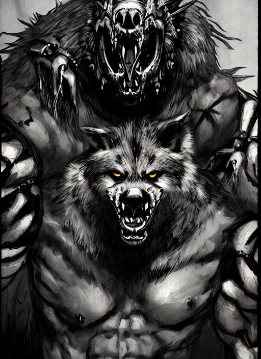 Prompt: Half body portrait of a scary gnoll wolf man with human and animal skulls as attire. In style of Yoji Shinkawa and Hyung-tae Kim, trending on ArtStation, dark fantasy, great composition, concept art, highly detailed.