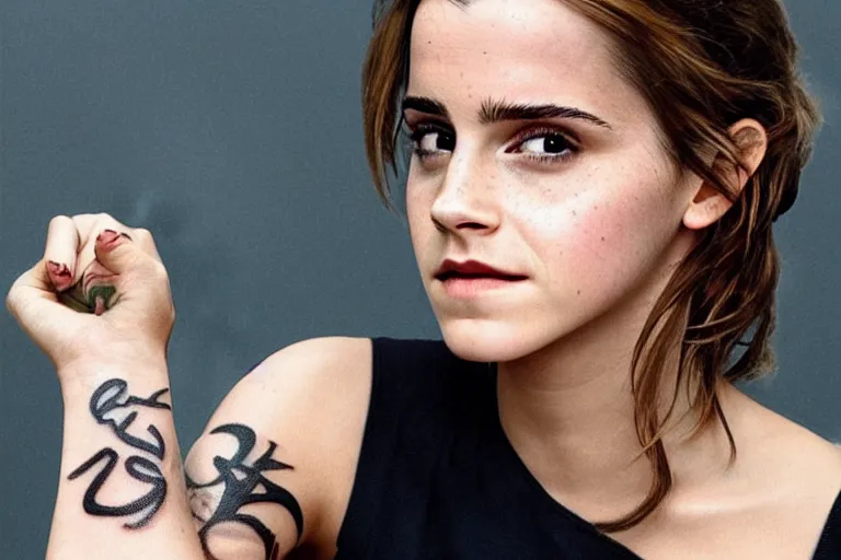 Image similar to emma watson, dope tattoo, hyperrealistic