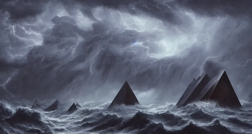 Image similar to black lovecraftian eldritch!! obsidian pyramid!! on a snowy island surrounded by raging stormy seas, with a large shadow of a creature in the background by eugene von guerard, ivan shishkin, night, red lightning!!, storm!, dramatic lighting, concept art, trending on artstation, 8 k