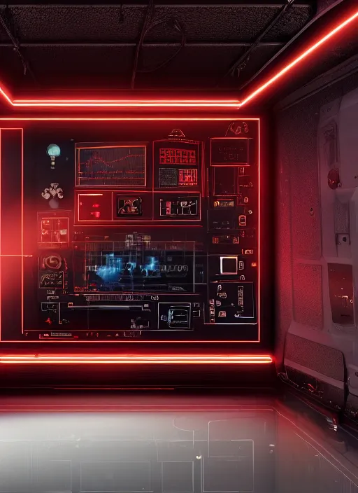 Image similar to photorealism of monitor on the wall of a room of a spacecraft with user interface display, red tones, biomechanical, ads concert rock, advertising rock concert, rock festival concert announcement high resolution, hyper realistic sci fi realistic, octane render, hyper realistic, ambient lighting, blade runner film style, canon eos ef 5 0 mm.