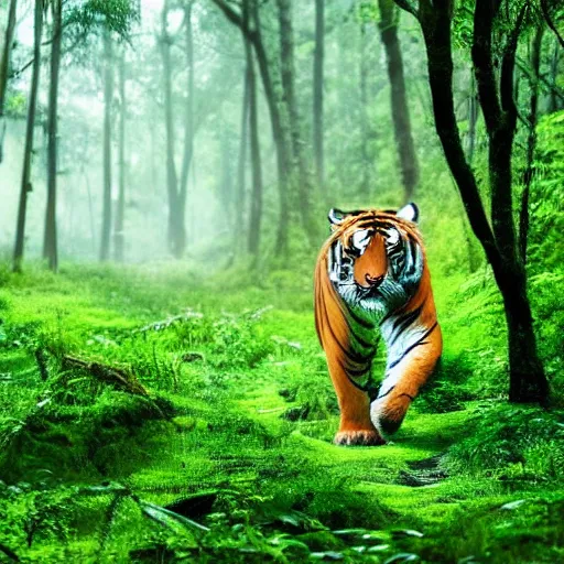 Prompt: a tiger walking through a forest, ultra wide angle, wet very green congo forest, beautiful, hd, intricate detail, majestic, volumetric lighting, ultra realistic, 4 k