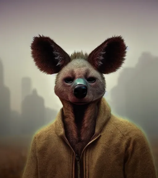 Image similar to foggy dirt road portrait of furry anthro anthropomorphic spotted hyena head animal person fursona wearing clothes horror gloomy digital art bokeh depth of field photo by Greg Rutkowski, Simon Stalenhag, christopher nolan trending on Artstation, CGSociety