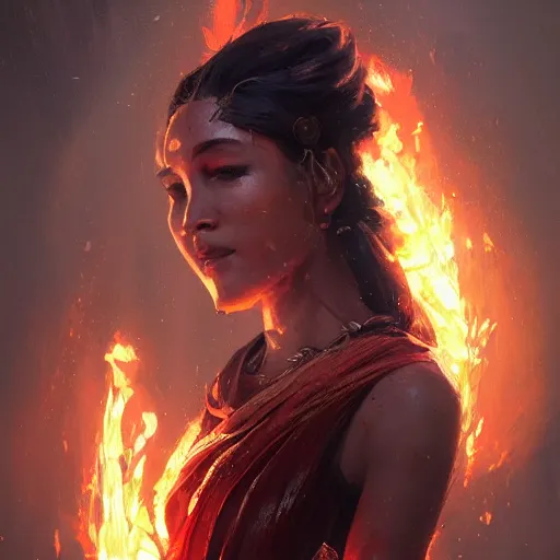 Image similar to a beautiful portrait of a fire goddess by greg rutkowski and raymond swanland, trending on artstation, flaming background, ultra realistic digital art