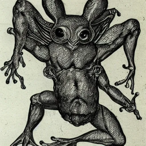 Prompt: drawing of frog - headed infernal spirits with the legs of a rabbit and wings of a bird, their arms and chest are human and they usually have horns or produce a noxious fog wherever they go ;