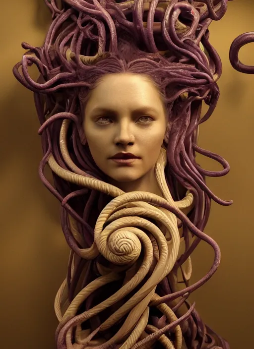 Image similar to medusa made of soft wax, wooden art nouveau swirls, strong subsurface scattering, cables, tubes, subsurface scattering, in the style of ruan jia and pascal blanche and giger, subsurface scattering, mystical colors, rim light, dramatic lighting, 8 k, stunning scene, raytracing, octane render, trending on artstation