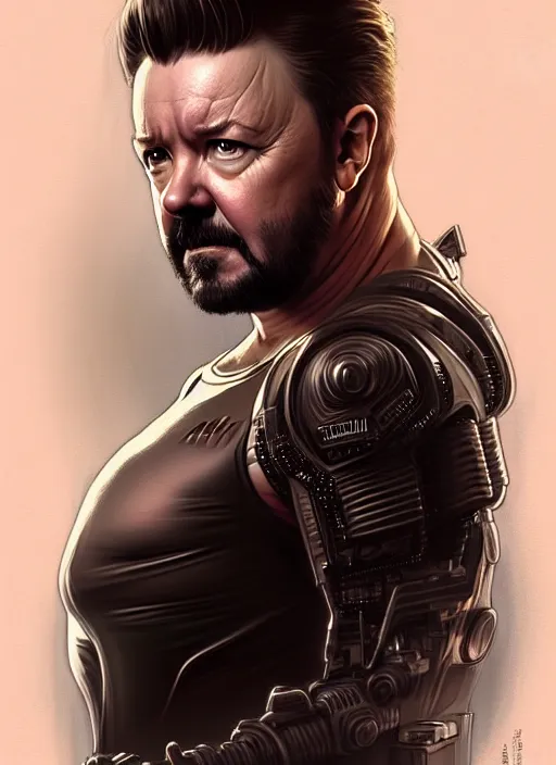 Image similar to portrait of ricky gervais, sci - fi, muscular! cyberpunk, intricate, elegant, highly detailed, digital painting, artstation, concept art, smooth, sharp focus, illustration, art by artgerm and greg rutkowski and alphonse mucha