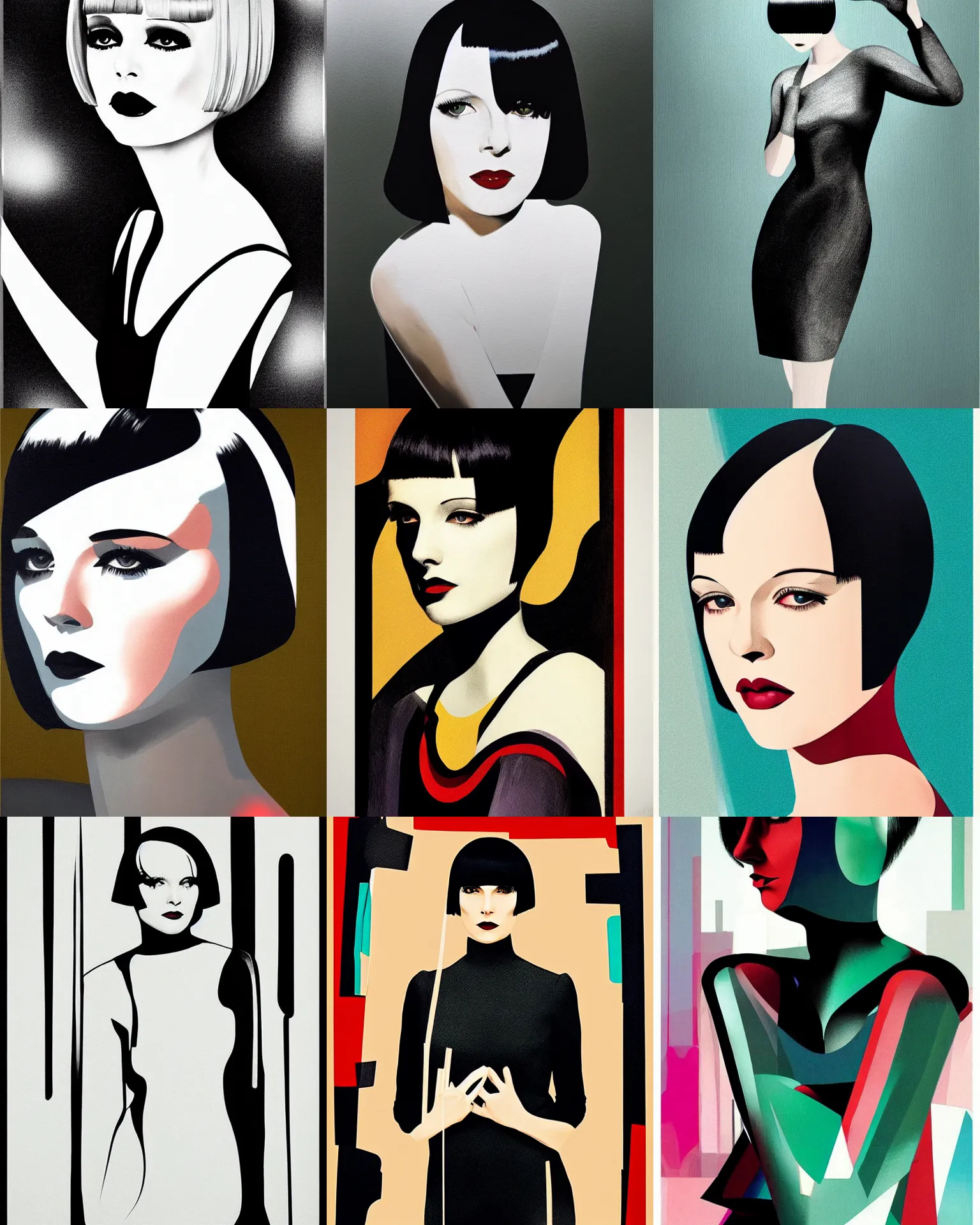 Prompt: full length portrait of mary louise brooks, shiny bob haircut, dramatic light, abstract art deco city background, screen print, high contrast, sharp,, painted by ross tran