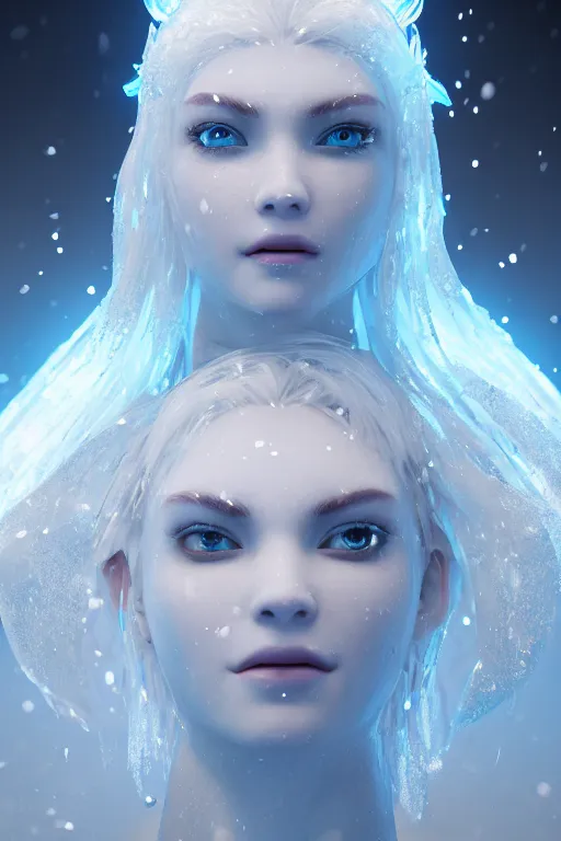 Prompt: ice goddess with beautiful face with a glowing blue crystal on her forehead, frosty white eyes, winter mist around her, white plated armor, pale skin, white smoke ， photorealism, octane render, frostbite, 8 k, cinematic, 3 5 mm, aspect ratio