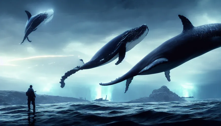 concept art of whales flying in the air in a style of, Stable Diffusion