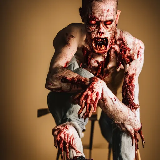 Prompt: 5 5 mm portrait photo of a zombie eating his own leg, 4 k photo, dramatic lighting, dslr, canon m 5 0, close up portrait